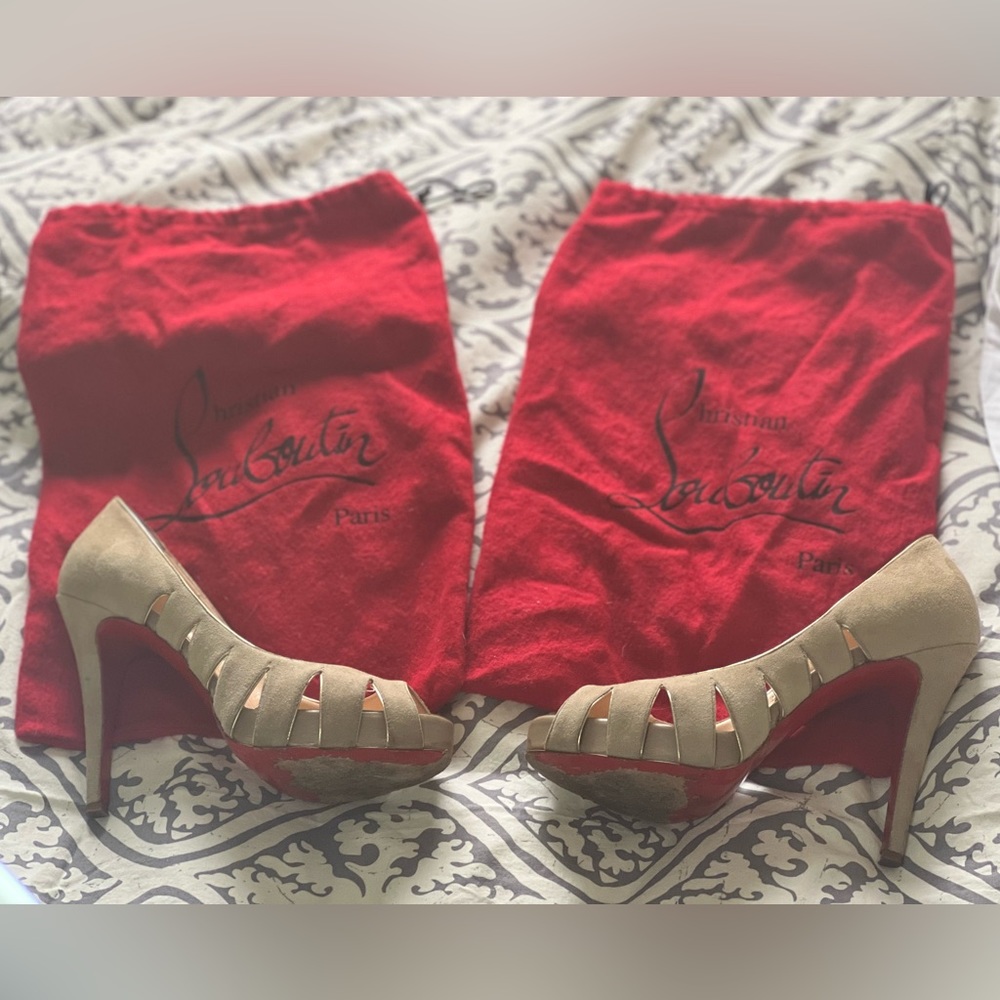 Taupe peeptoe suede Christian Louboutin heels